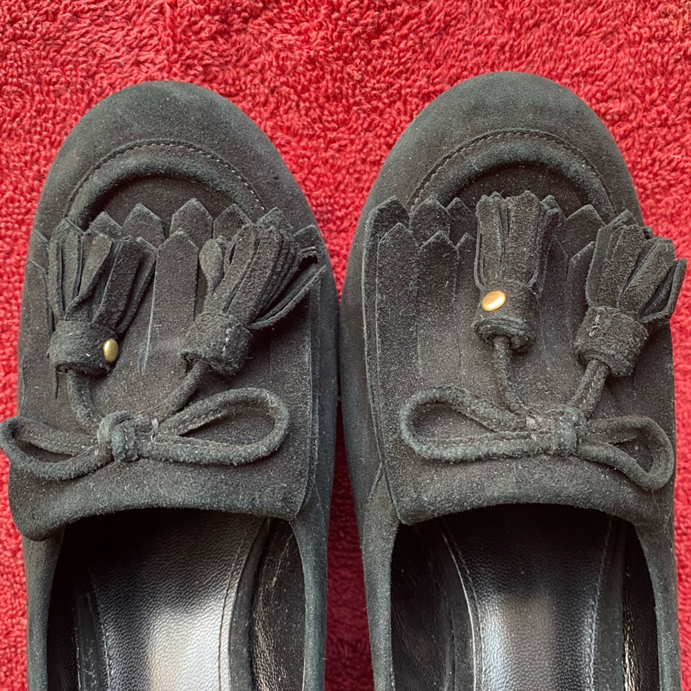 COACH Terri Black Suede Slip on Tasseled Kiltie Wedge Heel Shoes